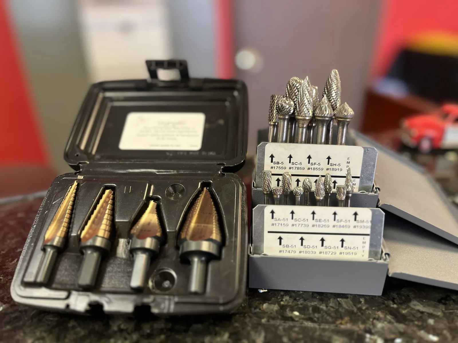 Step drill bit set on the counter